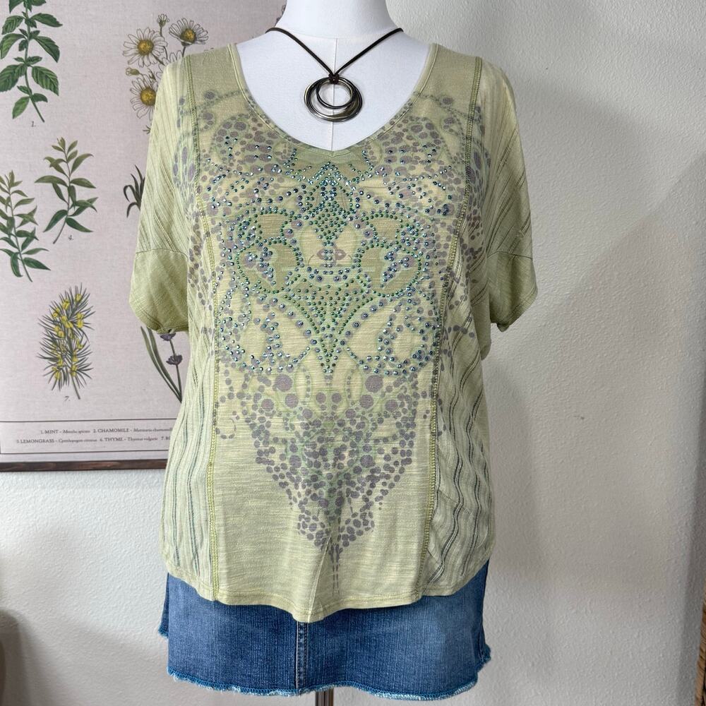 Y2k Rhinestone Sheer Graphic Top Coastal Cowgirl Boho Hippie Fairy Grunge L